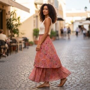 SWEETEES Silk Paisley Print Tiered Maxi Skirt Orange Multi M